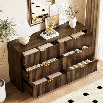 Furniway Walnut Dresser for Bedroom, Modern Dresser with 6 Drawers and Smooth Slides, Wide Chest of Drawers with Golden Handles for Bedroom, Living Room, Closet, 15.7" D x 55.1" W x 31.4" H