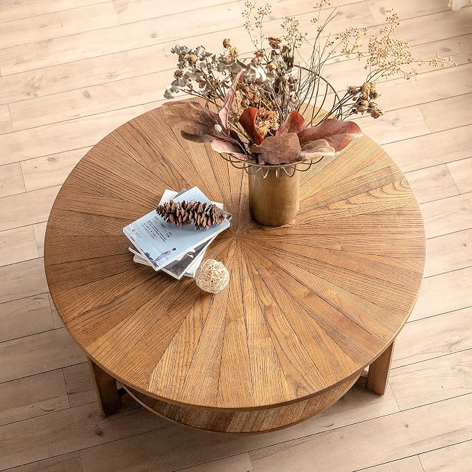 Round Coffee Table, 35" Circle Wood Coffee Table with Storage Shelf, 2 Tier Center Table for Living Room Apartment Home Furniture, Easy Assembly (Espresso,35" Dx35 Wx18 H)