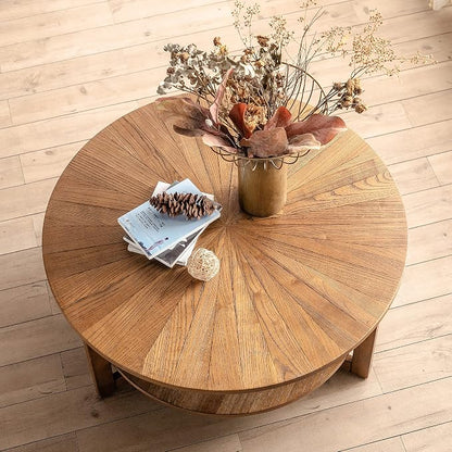 Round Coffee Table, 35" Circle Wood Coffee Table with Storage Shelf, 2 Tier Center Table for Living Room Apartment Home Furniture, Easy Assembly (Espresso,35" Dx35 Wx18 H)