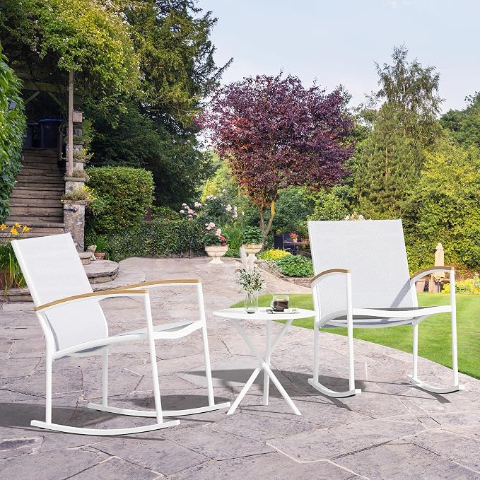 Shintenchi 3 Pieces Patio Rocking Bistro Sets,Outdoor Textilene Fabric Conversation Bistro Set,Front Porch Rocker Chairs Small Patio Furniture Set with Table for Lawn,Garden,Balcony(White)