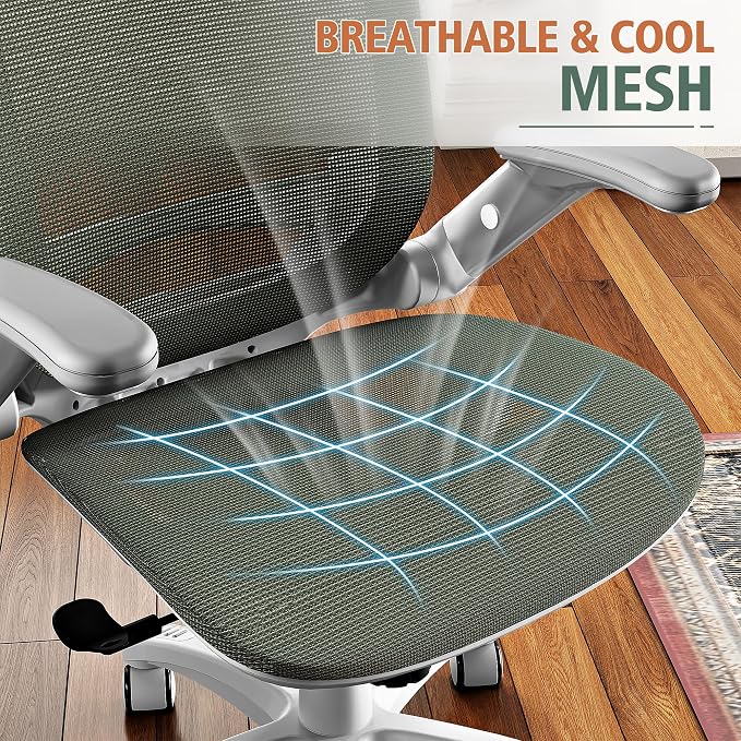 GABRYLLY Ergonomic Office Chair, High Back Home Desk Chair with Headrest, Flip-Up Arms, 90-120° Tilt Lock and Wide Cushion, 300LBS Mesh Chairs for Man Woman, White Task Chair(Olive Green,GY01WOG)