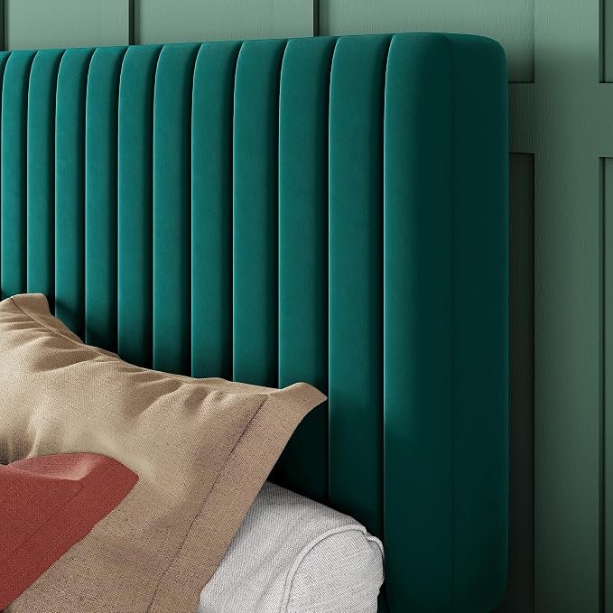 Allewie King Bed Frame, Velvet Upholstered Platform Bed with Adjustable Vertical Channel Tufted Headboard, Mattress Foundation with Strong Wooden Slats, Box Spring Optional, Easy Assembly, Teal