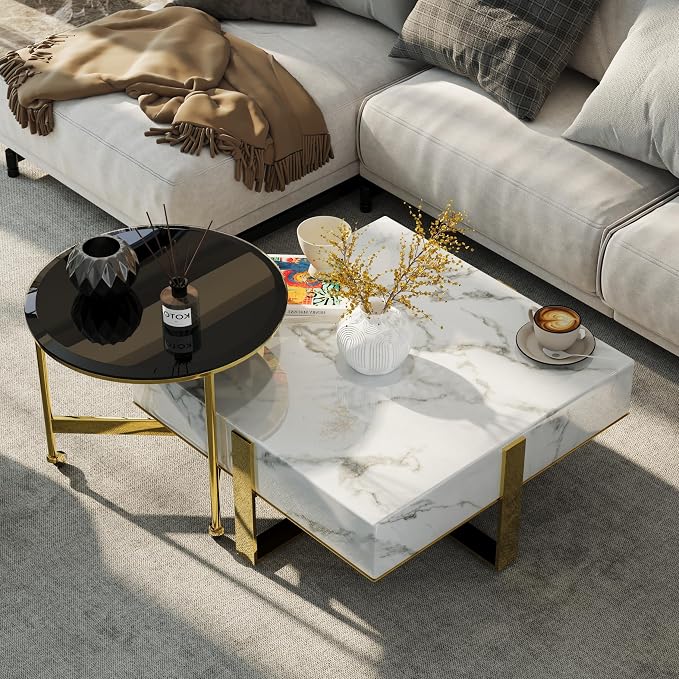 White and Gold Coffee Table, Modern Luxury Square Coffee Table with Faux Marble Tabletop and Polished Stainless Steel Legs for Living Room Apartment Office