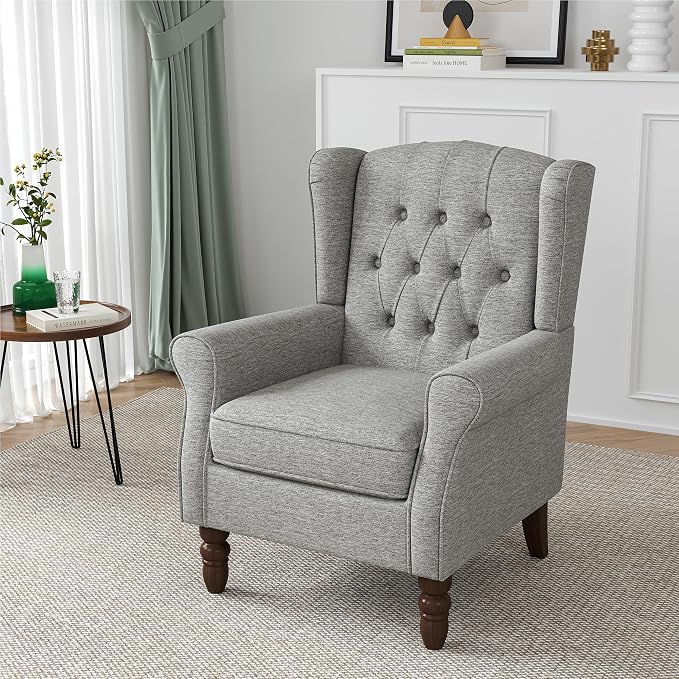 High Back Accent Chair, High Wingback Chair for Living Room, Button-Tufted Upholstered Fabric Armchair with Solid Wood Legs, Comfy Single Sofa Reading Chair for Bedroom, Light Gray