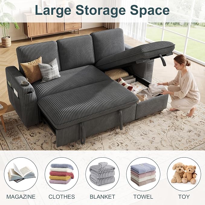 Sectional Sleeper Sofa with Pull Out Bed, Plush Corduroy Sectional Sofa with Storage Chaise and Adjustable Backrest, Cloud Sectional Couches for Living Room, Apartment, Light Grey