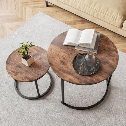 HOJINLINERO Round Coffee Table,Nesting Coffee Table Set of 2,Center Tables for Living Room,Office, Home Small Space,Stacking Side Tables,Sturdy and Easy Assembly,Wood Desktop,Rustic Brown,Small
