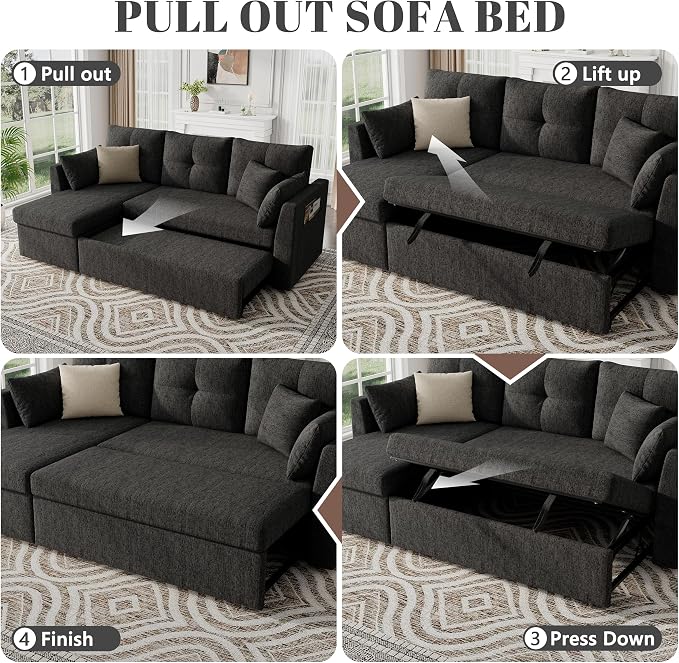 Huatean Home Sleeper Couch Sofa, Sectional Sleeper Sofa Bed with Side Pocket for Living Room, 2 in 1 Pullout Couch Bed with Storage Chaise, Black