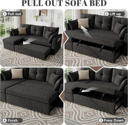 Huatean Home Sleeper Couch Sofa, Sectional Sleeper Sofa Bed with Side Pocket for Living Room, 2 in 1 Pullout Couch Bed with Storage Chaise, Black