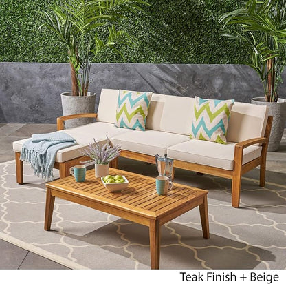 Christopher Knight Home Grenada Sectional Sofa Set | 5-Piece 3-Seater | Includes Coffee Table and Ottoman | Acacia Wood Frame | Water-Resistant Cushions | Teak and Beige, Finish