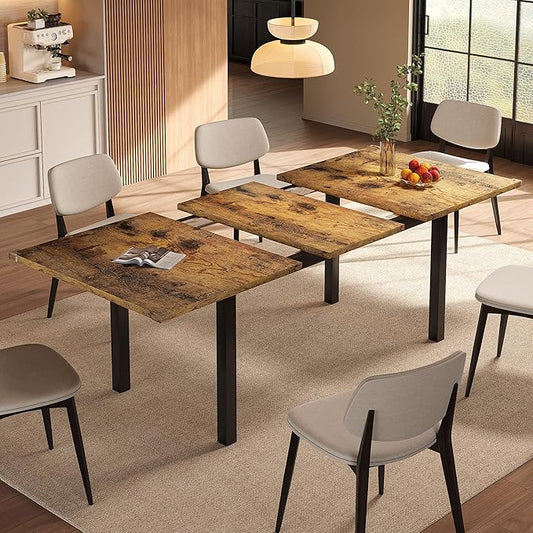 Einhomn Extendable Dining Table for 4-6, 63" Modern Kitchen Table, Farmhouse Dining Room Tables for Dining, Kitchen, Office, Living Room, Rectangular Wooden Tables, Space Saving (Rustic Brown)