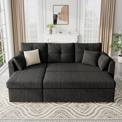 Huatean Home Sleeper Couch Sofa, Sectional Sleeper Sofa Bed with Side Pocket for Living Room, 2 in 1 Pullout Couch Bed with Storage Chaise, Black