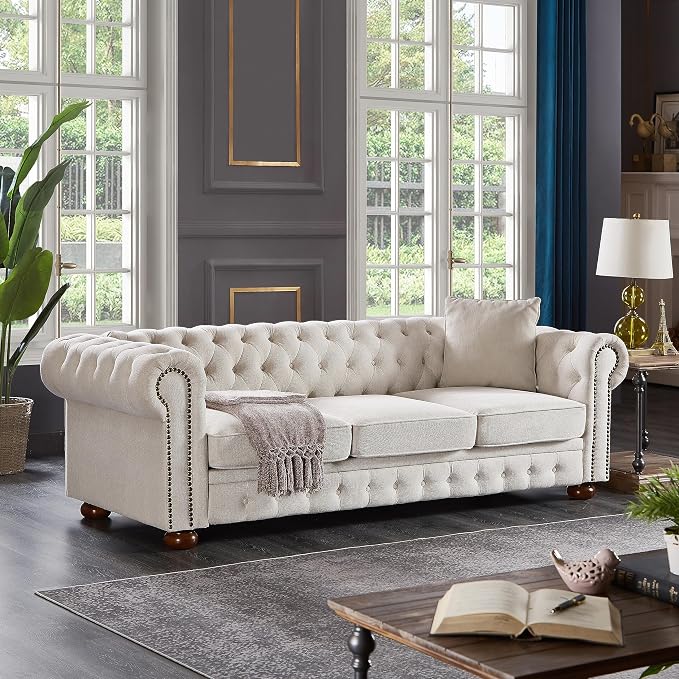 Chesterfield Sofa, 89" Mid Century Modern Couch with Low Back, Roll Arm Nailhead Trim Classic 3 Seater Couch for Living Room, Office, Apartment, Linen Beige