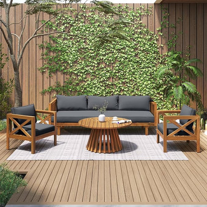 Merax Outdoor 4-Piece Acacia Wood Conversation Set - Patio 3-Seat Loveseat Sofa Daybed with Cushion, 2 Armchair and Round Coffee Table for Backyard, Lawn, Balcony, Teak+Dark Gray
