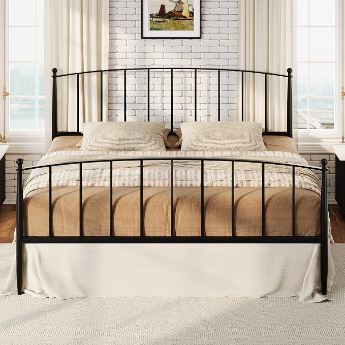 SHA CERLIN King Size Metal Platform Bed Frame with Victorian Style Iron-Art Headboard and Footboard, Easy Assembly, No Box Spring Needed, Black