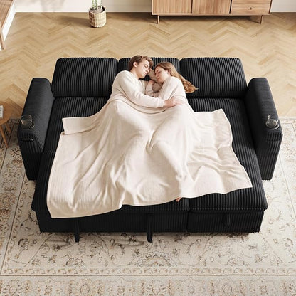 Sectional Sleeper Sofa with Pull Out Bed, Plush Corduroy Sectional Sofa with Storage Chaise and Adjustable Backrest, Cloud Sectional Couches for Living Room, Apartment, Black