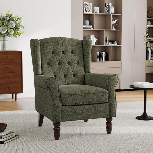 Mid-Century Modern Wingback Chair - Plush Upholstered Accent Armchair with Solid Oak Legs, Ergonomic High Back Lounge Chair for Living Room, Bedroom Office - Retro Modern Reading Chair Dark Green