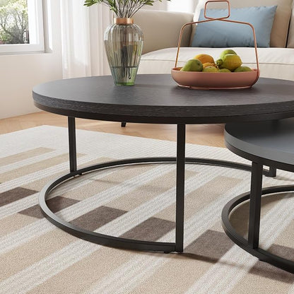 Round Nesting Coffee Table Set of 2, Modern Minimalist Accent Tables for Living Room, Bedroom, Office, Stackable Side Tables (Light & Dark Grey)