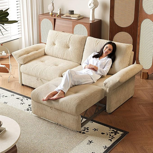 81.5" Pull Out Sofa Bed Full Size, Pre-Assembled Chenille Sleeper Sofa, Convertible Loveseat Futon Couch with Tufted, Pillows, for Apartment, Living Room, Small Spaces, dorms, Beige