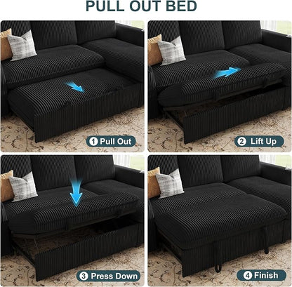 Sectional Sleeper Sofa with Pull Out Bed, Plush Corduroy Sectional Sofa with Storage Chaise and Adjustable Backrest, Cloud Sectional Couches for Living Room, Apartment, Black