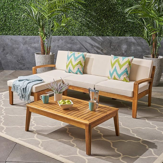 Christopher Knight Home Grenada Sectional Sofa Set | 5-Piece 3-Seater | Includes Coffee Table and Ottoman | Acacia Wood Frame | Water-Resistant Cushions | Teak and Beige, Finish