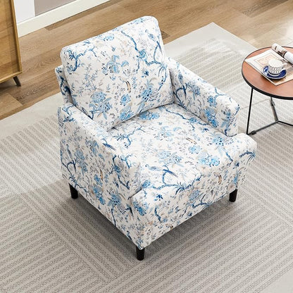 Weture Mid-Century Accent Chair,Modern Linen Fabric Armchair for Living Room,Comfy Upholstered Reading Accent Chairs for Bedroom,Single Sofa Chair with Wood Legs (Blue Flowered Bird, 1 Pack)