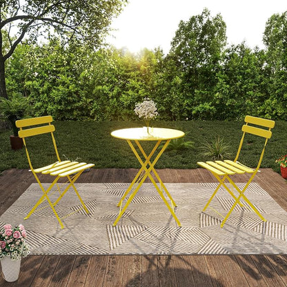3-Piece Folding Bistro Set, 2 Chairs and 1 Table, Weather-Resistant Outdoor/Indoor Conversation Set with Heavy-Duty Powder-Coated Steel Frame for Patio, Yard, Garden (Yellow)