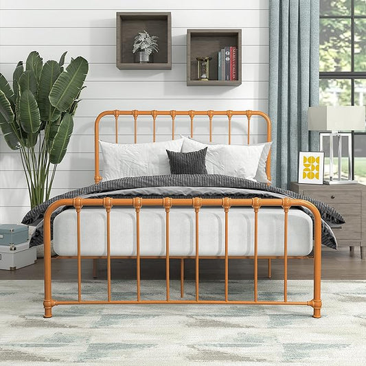 Lexicon Full Metal Bed Frame, Platform Bed with Strong Metal Slat Support Under Bed Storage, Full Bed Frame with Headboard, No Box Spring Needed, Easy Assembly, Full, Orange