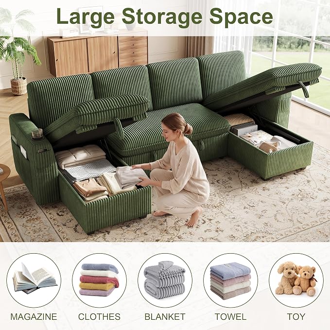 Sectional Sleeper Sofa with Pull Out Bed, Plush Corduroy Sectional Sofa with Double Storage Chaise and Adjustable Backrest, Cloud Sectional Couches for Living Room, Apartment, Green