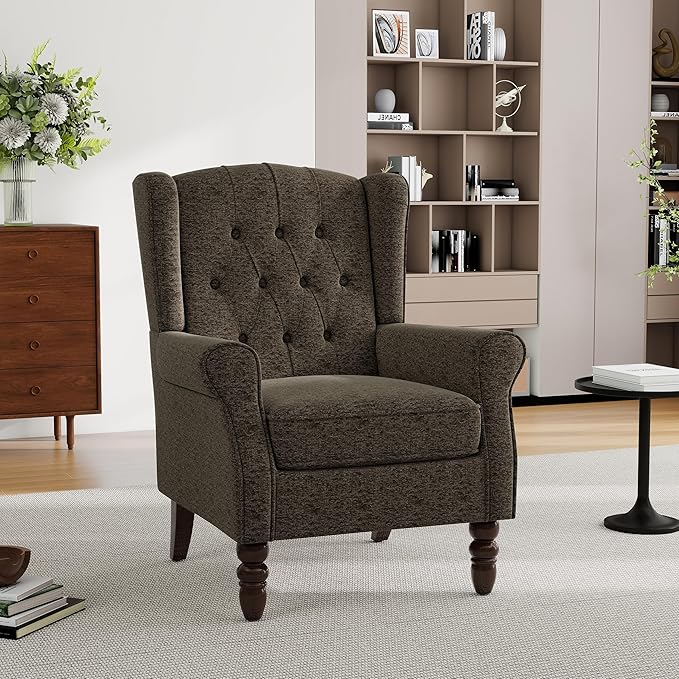 Pia Ricco High Back Floral Accent Chair - Retro Wingback Upholstered Armchair with Nailhead Trim, Solid Wood Legs, Fabric Living Room Bedroom Reading Chair (Taupe)