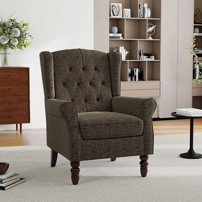 Pia Ricco High Back Floral Accent Chair - Retro Wingback Upholstered Armchair with Nailhead Trim, Solid Wood Legs, Fabric Living Room Bedroom Reading Chair (Taupe)