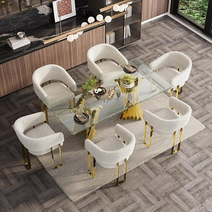 Dining Chairs Set of 5, White and Gold Barrel Boucle Dining Chairs with Arms and U-Shaped Mirrored Gold Legs, Contemporary Side Chairs for Dining Table, Kitchen and Dining Room Restaurant