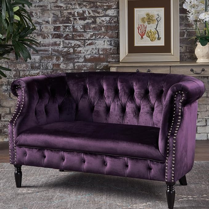 Christopher Knight Home GDFStudio Melaina Tufted Chesterfield Velvet Loveseat with Scrolled Arms, BlackBerry and Dark Brown