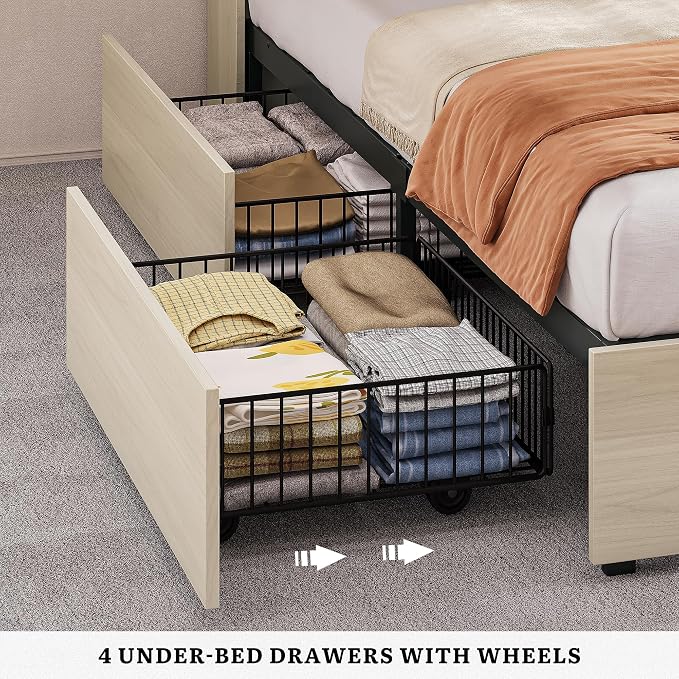 DWVO Farmhouse King Size Bed with 50" Tall Storage Bookcase Headboard, Sliding Barn Door, 4 Storage Drawers, RGB LED Bed Frame w/Type-C&USB Charging Station, No Box Spring Needed, Antique White