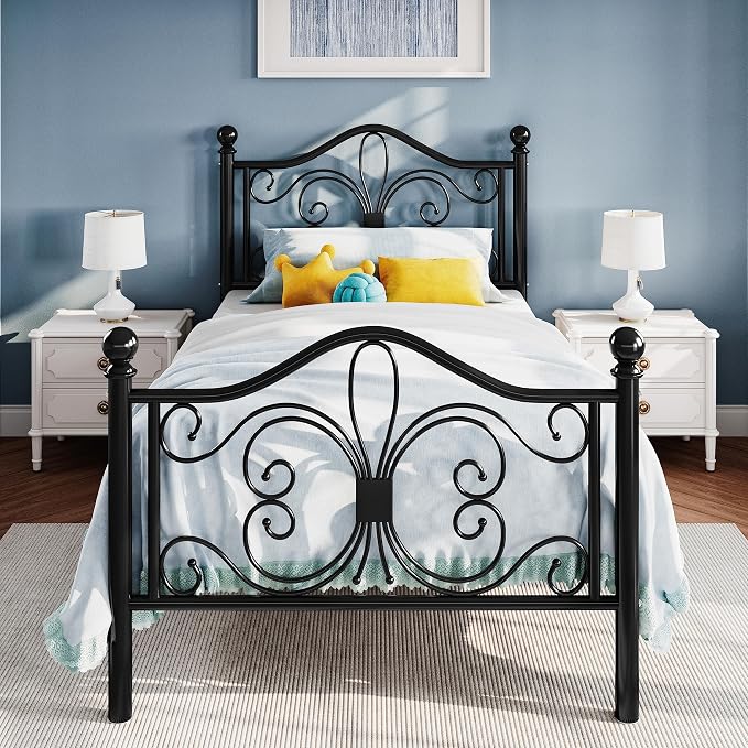 SHA CERLIN Twin Size Bed Frame for Kids,Metal Bed Frame with Butterfly Pattern Design Headboard and Footboard,No Box Spring Needed,Easy Assembly,Black