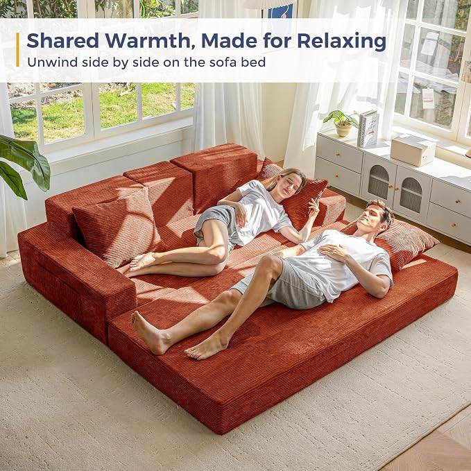 MAXYOYO Convertible Sofa Bed, 80" Oversized Boneless Loveseat Couch 4 in 1 Foldable Floor Sofa Couch in A Box with 2 Cup Holders, Folding Chair for Living Room, No Assembly Required, Orange