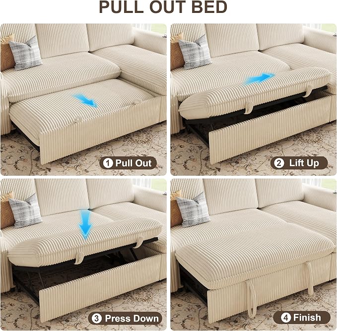 Sectional Sleeper Sofa with Pull Out Bed, Plush Corduroy Sectional Sofa with Double Storage Chaise and Adjustable Backrest, Cloud Sectional Couches for Living Room, Apartment, Beige