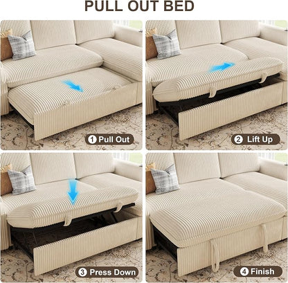 Sectional Sleeper Sofa with Pull Out Bed, Plush Corduroy Sectional Sofa with Double Storage Chaise and Adjustable Backrest, Cloud Sectional Couches for Living Room, Apartment, Beige