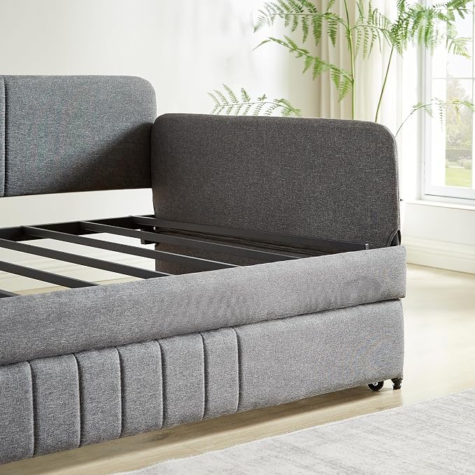 Twin Daybed with Trundle Bed Twin, Linen Upholstered Day Bed with Arm and Backrest, No Box Spring Needed Daybed, Twin Size Day Bed Gray