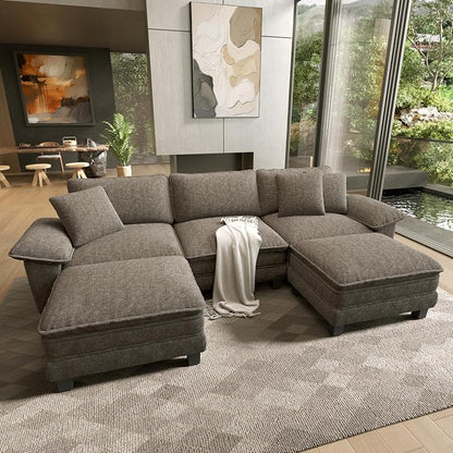 HERA'S HOUSE 124" Oversized Modular Sectional Sofa, Comfy U Shaped Couches for Living Room, Cloud Couch with Ottoman, 5-Seater Deep Seat Sofa with Throw Pillow, Chenille Ash
