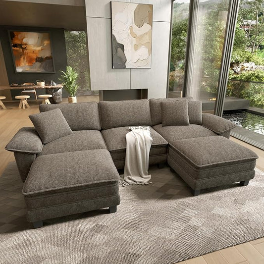 HERA'S HOUSE 124" Oversized Modular Sectional Sofa, Comfy U Shaped Couches for Living Room, Cloud Couch with Ottoman, 5-Seater Deep Seat Sofa with Throw Pillow, Chenille Ash