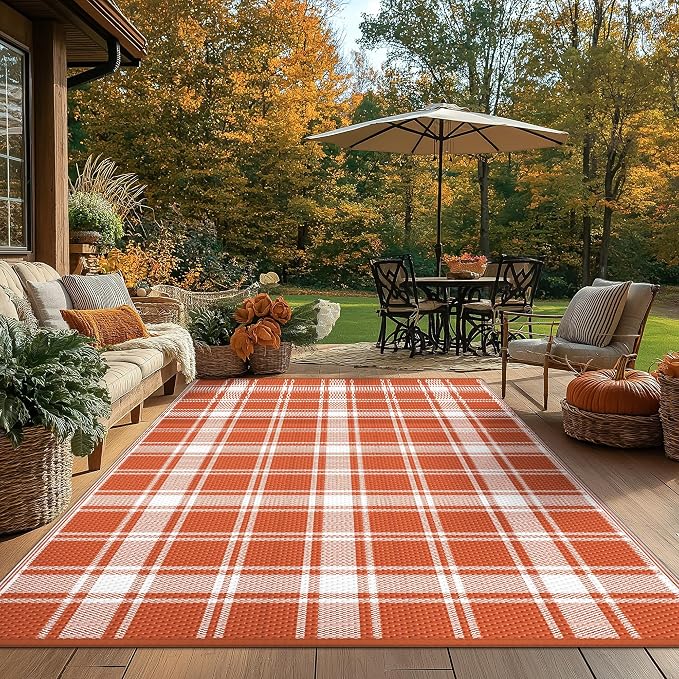 GENIMO Waterproof Outdoor Rug for Patio Clearance, 6'x9' Reversible Plastic Straw Rugs, Lightweight RV Camping Mat for Camper, Balcony, Deck, Backyard, Picnic, Orange White Plaid