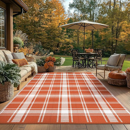 GENIMO Waterproof Outdoor Rug for Patio Clearance, 6'x9' Reversible Plastic Straw Rugs, Lightweight RV Camping Mat for Camper, Balcony, Deck, Backyard, Picnic, Orange White Plaid