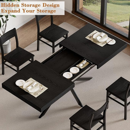 5-Piece Dining Table Set for 4 6 8, Large 55"-70.9" Extendable Dining Room Table Rectangle with Kitchen Chairs of 4, MDF Wood & Metal Frame for Apartment Kitchen, Saving Space, Modern, Black
