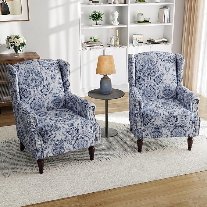 Pia Ricco Set of 2 Floral Accent Chairs, High Back Upholstered Armchairs with Retro Wingback Design, Nailhead Trim & Solid Wood Legs for Living Room Bedroom(Flower Navy)