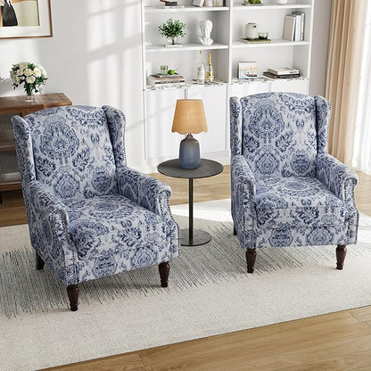 Pia Ricco Set of 2 Floral Accent Chairs, High Back Upholstered Armchairs with Retro Wingback Design, Nailhead Trim & Solid Wood Legs for Living Room Bedroom(Flower Navy)