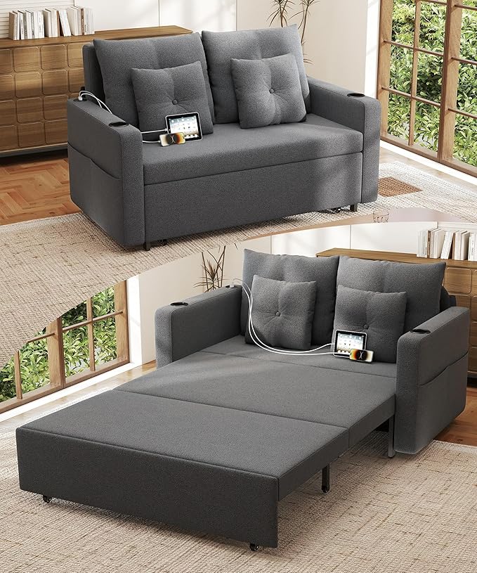 Krcix 3 in 1 Sofa Bed, 56 Inch Convertible Pull Out Couch, Loveseat Sleeper Sofa with Cup Holders, USB, Side Pockets, Multi-Function Sofa Couches for Living Room, Bedroom, Apartment, Light Grey