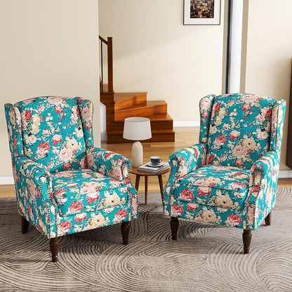 High Back Floral Accent Chairs Set of 2, Upholstered Armchair in Fabric, Retro Printed Wingback Arm Chair for Living Room, Nailhead Trim Single Sofa Bedroom Reading Seat - Peacock Blue