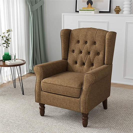 Wingback Accent Chair, High Back Arm Chair for Living Room, Button-Tufted Upholstered Fabric Armchair with Solid Wood Legs, Comfy Single Sofa Reading Chair for Bedroom, Brown