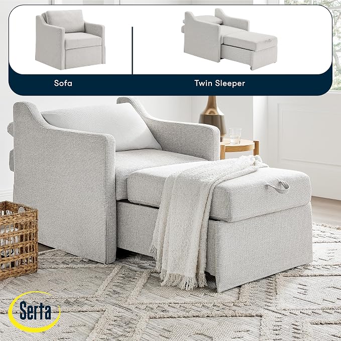Serta Hawthorne 35" Slipcovered Convertible Accent Chair, Cot Size, Dreamcoil Comfort, Finger Guard Protection, Polyester Tweed Fabric, Linen