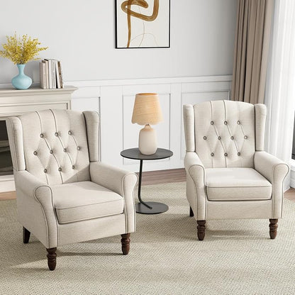 Mid-Century Modern 2-Piece Wingback Chair Set - Plush Upholstered Accent Chairs with Solid Wood Legs, High Back Lounge Seating for Living Room, Bedroom & Office - Retro Matched Pair (Grayish Beige)